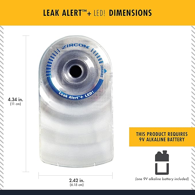 Zircon Leak Alert + LED! Water Leak Detector & Flood Sensor Alarm/Water Leak Sensor with Dual Leak Alarms 90Db Audio + Flashing LED Lights/Battery Powered-Batteries Not Included, 1 Pack (72332),White