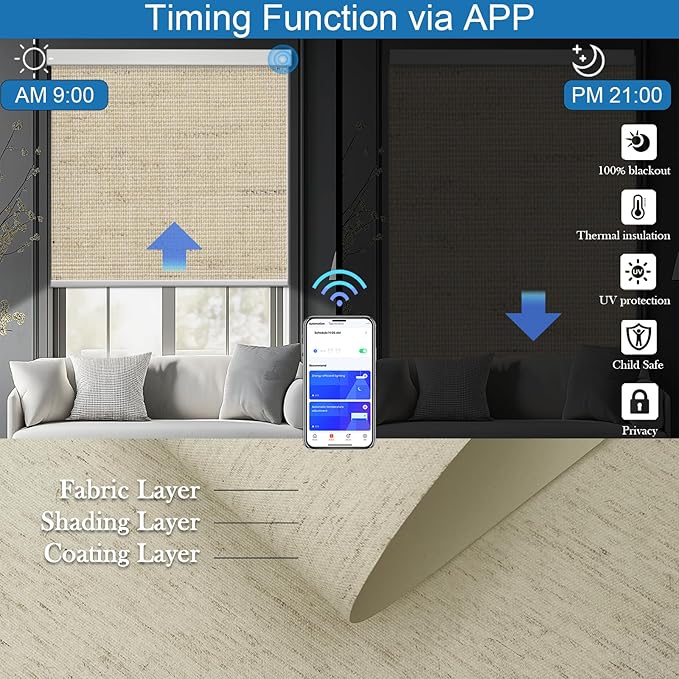 COOLWINDS Motorized Blinds with Remote Cordless Automatic Motorized Shades Custom Blinds for Windows Smart Curtains Compatible with Alexa Google Home(Blackout Linen Soft Dunes,W68 x H72in)
