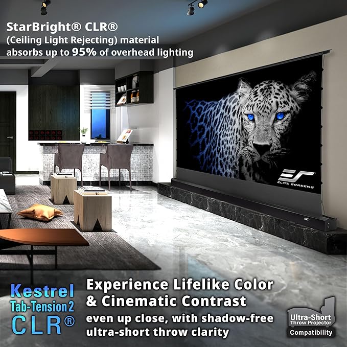 Elite Screens Kestrel Tab-Tension CLR, 121 inch 16:9, Ultra-Short Throw Ceiling Ambient Light Rejecting ALR Electric UST Floor-Rising Projection Motorized Front Projector Screen, FTE121XH3-CLR, White