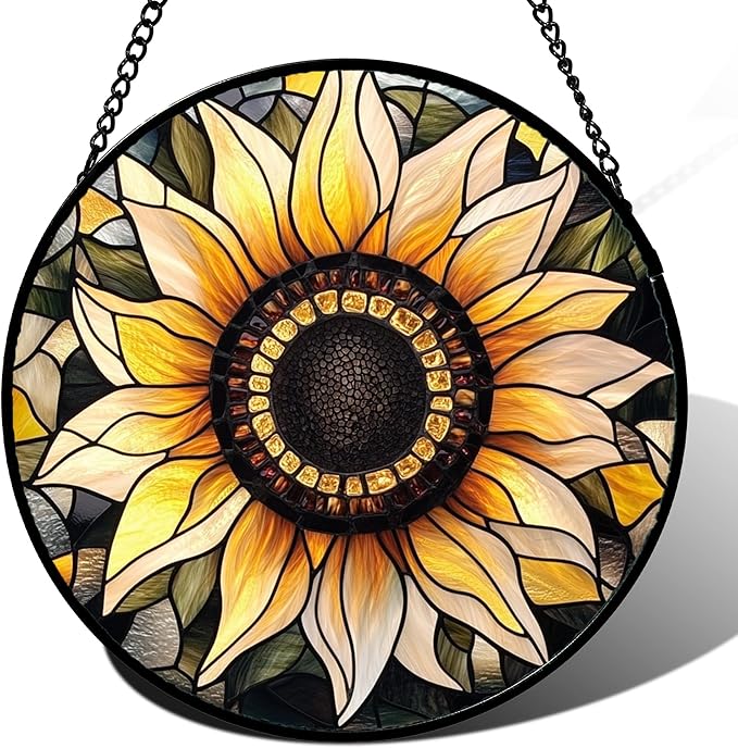 CRISGIF Stained Glass Window Hanging - Sunflower Suncatcher for Door Garden Patio Retro Flower Sun Catchers Decor Christmas Mother's Day Birthday Gifts for Women Mom Nana Friend Wife 7.8 in
