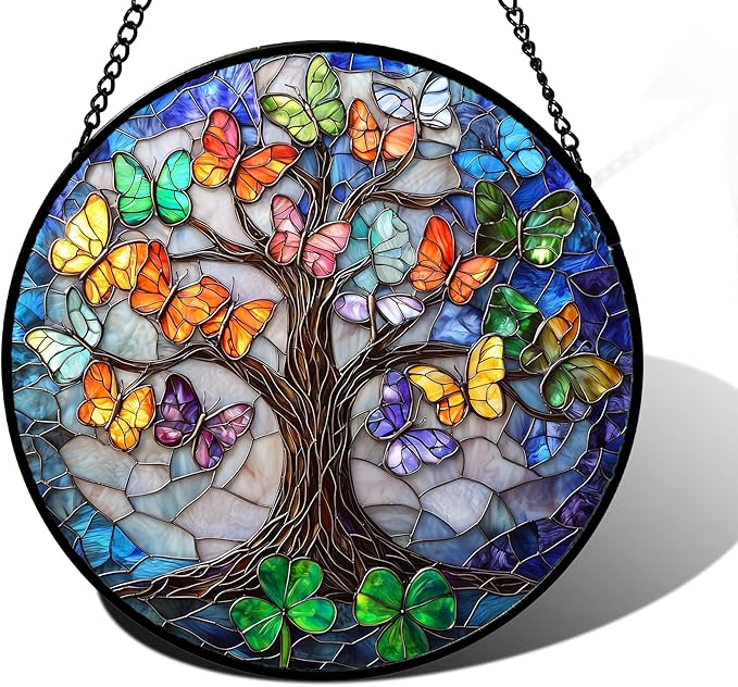 DASTOLL Stained Glass Window Hanging, Butterfly Tree Clover Sun Catchers Glass Panel Blue Suncatcher Decor for Birthday for Women, Men, Wife, Aunt, and Mom 11.8x11.8 in