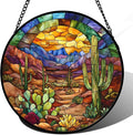 CRISGIF Stained Glass Window Hanging Cactus Mountains Landscape Large 15" - Suncatcher Door Garden Sunroom Sun Catcher Home Decor Birthday Christmas for Mom Men Woman Nana