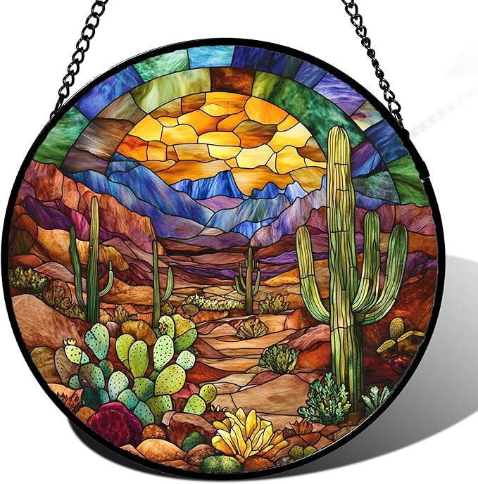 CRISGIF Stained Glass Window Hanging Cactus Mountains Landscape Large 15" - Suncatcher Door Garden Sunroom Sun Catcher Home Decor Birthday Christmas for Mom Men Woman Nana