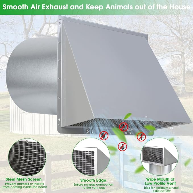 10 Inch Hooded Wall Vent with Screen and Damper, Outdoor Wall Exhaust Vent - Image 3