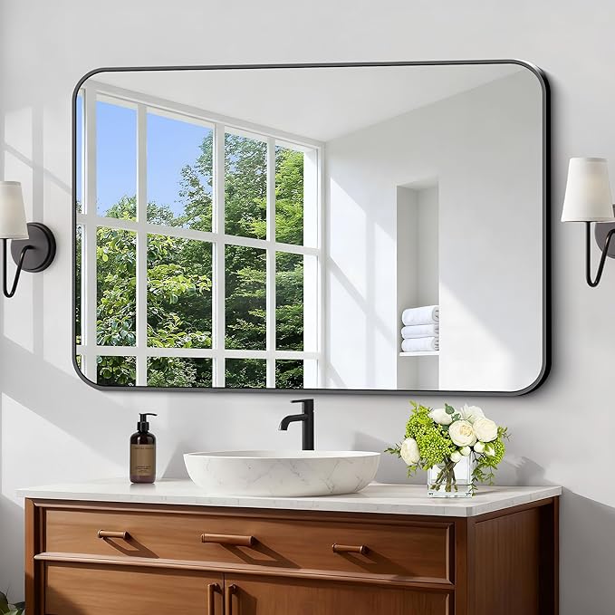 Black Bathroom Mirror, 28x42 inch Aluminum Metal Frame Rectangular Vanity Mirror, Wall Mounted Rectangle Mirrors with Rounded Corner for Bedroom Living Room Hangs Horizontal Or Vertical