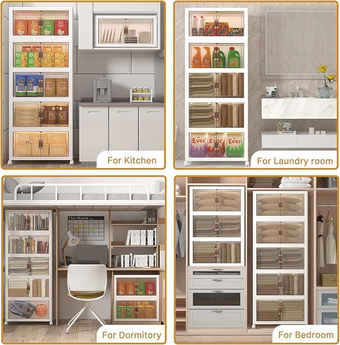 Extra Large Stackable Storage Bins with Lids & Wheels, 600QT-120QT/30GAL*5Pack Foldable Collapsible Closet Organizers Storage Cabinet with Doors for Bedroom Dorm
