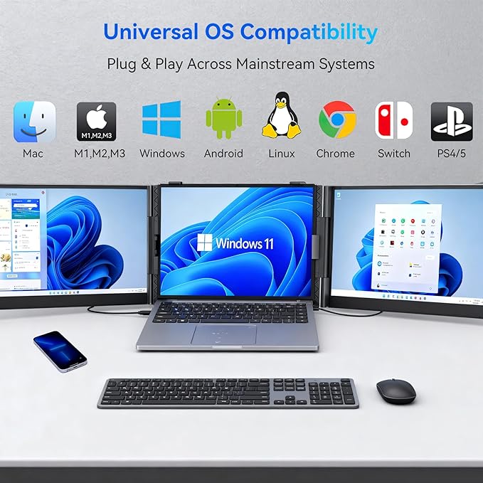 Blackview DCM6 Triple Laptop Screen Extender,14" 1080P FHD IPS Portable External Screen,Two Cable USB C Travel for 13-17'' Laptop,Plug & Play Compatible with Windows/Mac/Chrome OS and Mobile Devices