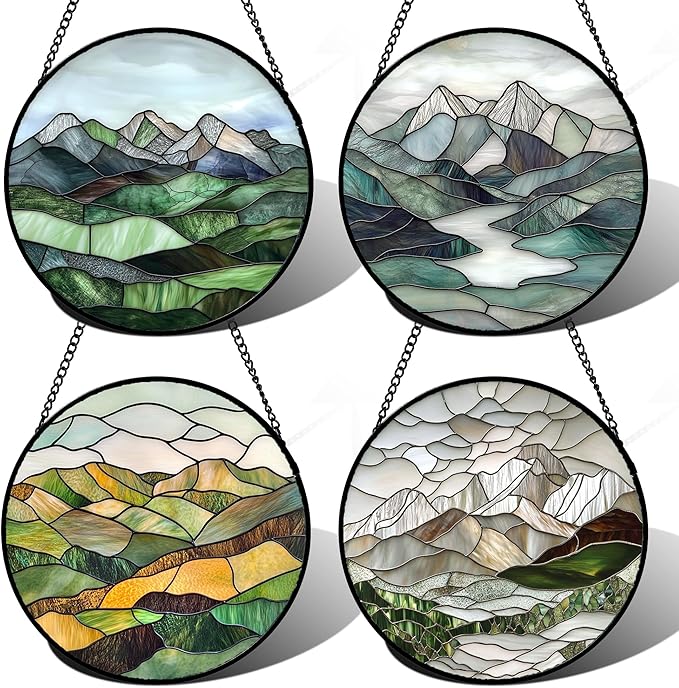 AMDERVEN Stained Glass Window Hanging 4 Pcs Set Mountain River Landscape Large 15" - Suncatcher Door Garden Sun Catcher Decor Birthday Mother's Day for Mom Woman Nana Girl Boy Friend
