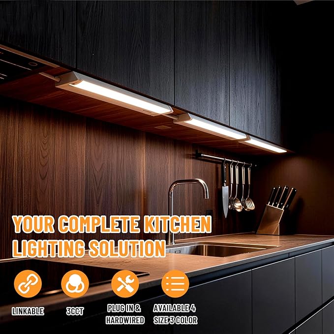 24" 4Pack Hardwired Under Cabinet LED Light Plug in, 16W 1200LM, 3CCT (3000K/4000K/5000K), Rotatable 45°, Connect Up to 10 Fixtures, Under Counter Lights Linkable for Kitchens and Offices