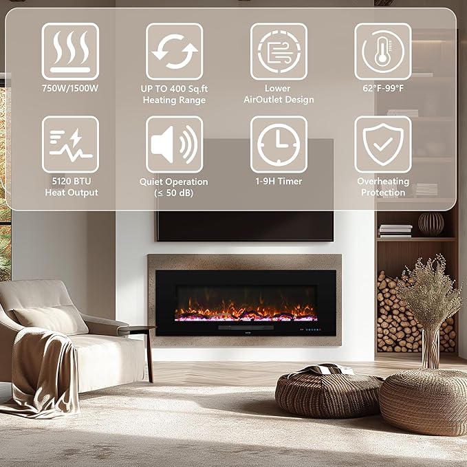 50" Electric Fireplace, Recessed & Wall Mounted Fireplace Heater 13 * 13 Colors Flame &Fuel Bed w/5 Dimmer, Touchscreen &Remote Control Temp, Overheating Protect, Hardwired, 1500W, Black