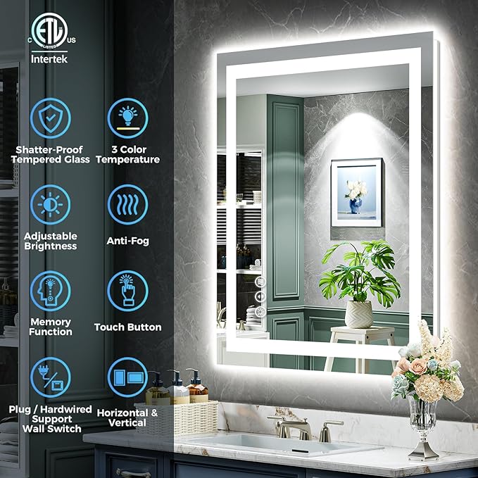 YEELAIT 24x36 Inch LED Bathroom Mirror with Lights Front and Backlit Lighted Vanity Mirror for Bathroom Wall with 3 Colors Dimmable Anti-Fog Memory Shatter-Proof IP54 Waterproof Horizontal/Vertical