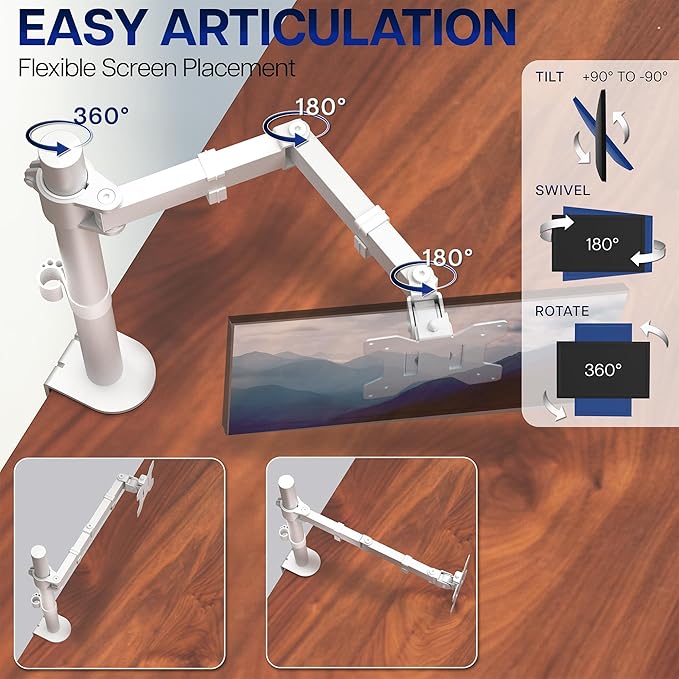 VIVO Single Monitor Arm Desk Mount, Holds Screens up to 32 inch Regular and 38 inch Ultrawide, Fully Adjustable Stand with C-Clamp and Grommet Base, VESA 75x75mm or 100x100mm, White, STAND-V001W