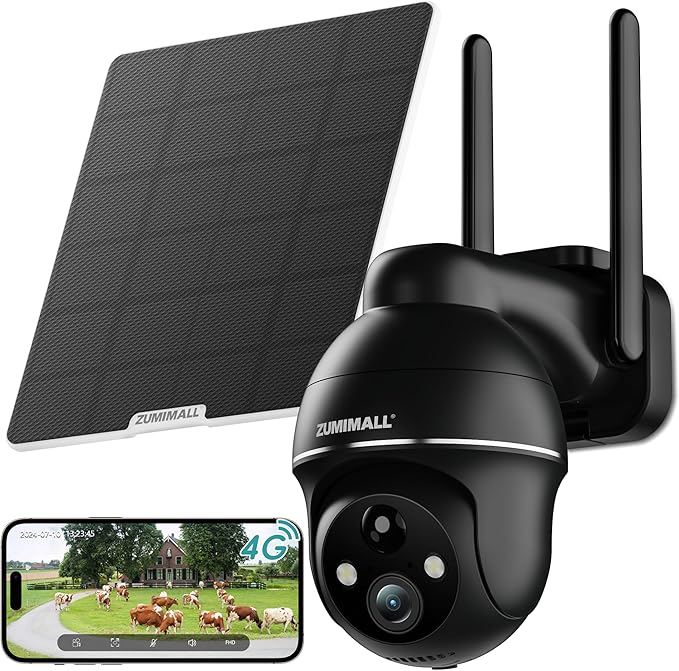ZUMIMALL 4G LTE Cellular Solar Security Cameras Wireless Outdoor, 3MP No WiFi Cameras for Home Security, 360° Live View, 2K Color Night Vision, PIR Motion Sensor, 2 Way Talk, Built in SIM Card