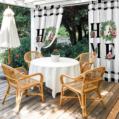 Summer Outdoor Curtains for Patio Leaves Garland Plumeria Wood Buffalo Plaid - Image 4