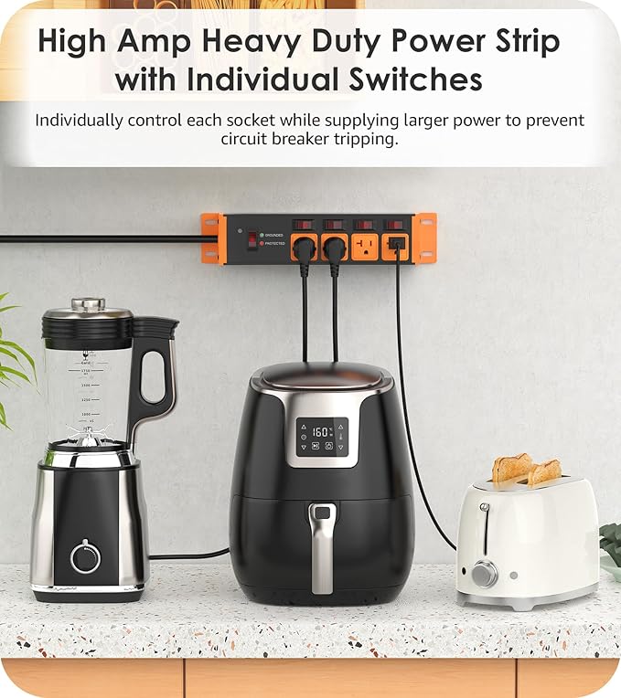 CCCEI Heavy Duty Surge Protector Power Strip 20 Amp Individual Switches. 10FT 12 Gauge Extension Cord with Multiple Outlets. Kitchen, Garage, Shop, Industrial Wall Mount Electric Extender, Orange.