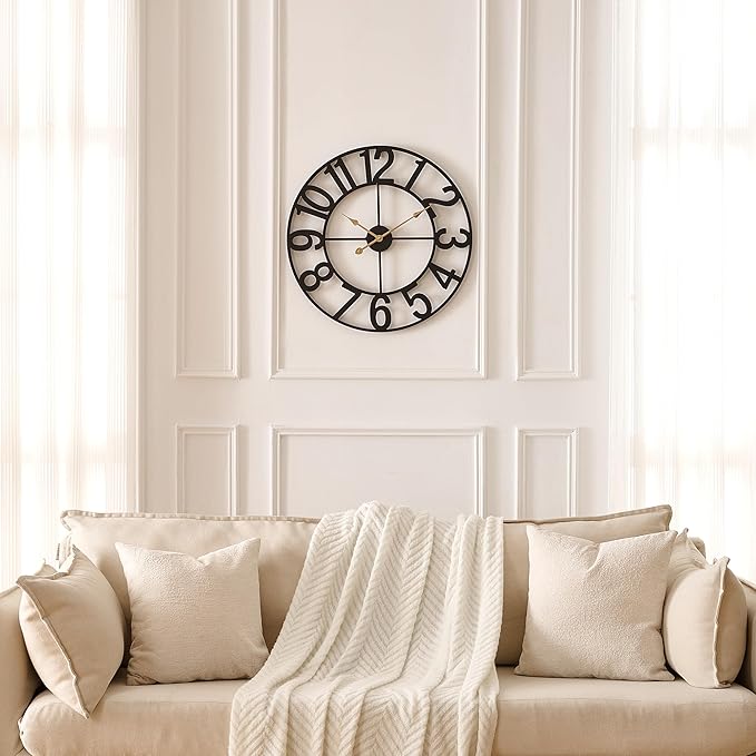 Alarmore Wall Clocks for Living Room Decor, Silent Wall Clock Battery Operated, Mid Century Rustic Farmhouse Black Metal Skeleton Large Clocks for Kitchen, Bedroom, Dining Room-18 in