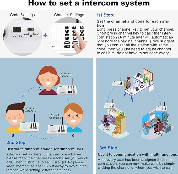 Wuloo Intercoms Wireless for Home 5280 Feet Range 10 Channel 3 Code, Wireless Intercom System for Home House Business Office, Room to Room Intercom, Home Communication System (3 Packs, White)