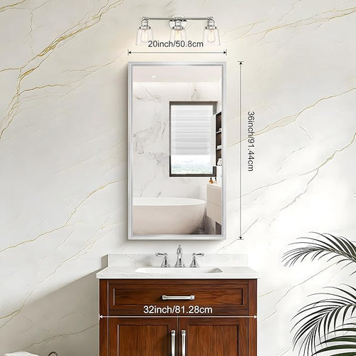 20x36 Silver Bathroom Mirror, Brushed Silver Rectangular Mirror for Wall, 0.6" Thickened Deep Frame Mirrors for Bathroom Sink, Shatterproof Tempered Glass, Antirust, Horizontally or Vertically
