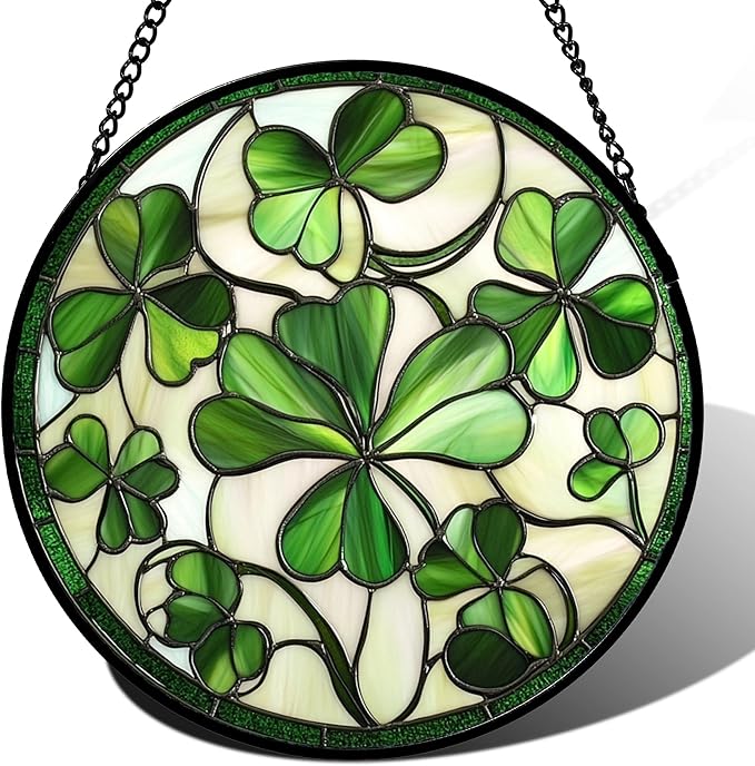 CRISGIF Stained Glass Window Hanging - Ireland Green Lucky Clover Suncatcher for Doors Garden St. Patrick's Day Sun Catchers Decor Mother's Day Birthday for Women Men Mom Nana 11.8 in
