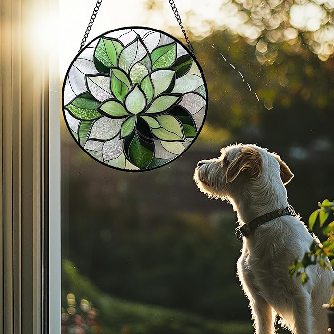 CRISGIF Stained Glass Window Hanging - Ireland Green Plants Suncatcher for Doors Garden Succulent Sun Catchers Decor Mother's St. Patrick's Day Birthday for Women Men Mom Nana 11.8 in