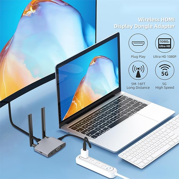 VJZFA Wireless Display Adaptor - 1080p Wireless HDMI Display Dongle Adapter, Plug and Play, for Laptop, PC, Smartphone to HDTV Projector Monitor