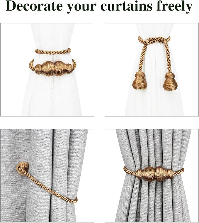 Nieffeiy Magnetic Curtain Tiebacks Outdoor Curtain Tie Backs Rope Decorative Magnetic Curtain Holders for Drapes Window Treatment Holdbacks, Khaki 2Pack