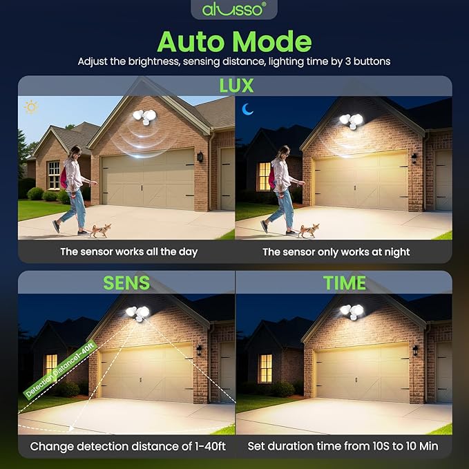 ALUSSO Motion Sensor Outdoor Lights, 30W 3500LM Flood Lights Outdoor, 3 Modes (Dusk to Dawn/Auto/On Time), 3CCT 3000K/4000K/6500K Waterproof Hardwired ETL Listed, Porch Garage Flood Light, White 1PC