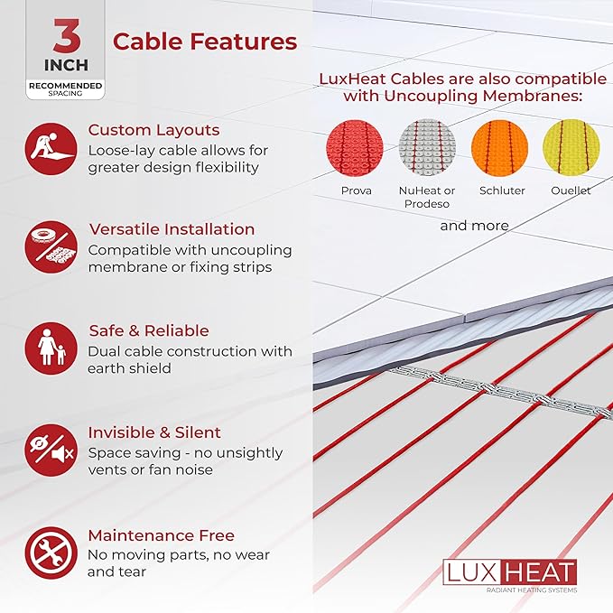 LuxHeat 80sqft Floor Heating Cable Kit - 240v Radiant Floor Heat System - Heated Flooring System Includes UDG4 Programmable Thermostat w/GFCI, Heating Cable, Strapping, Flooring Sensor & Alarm