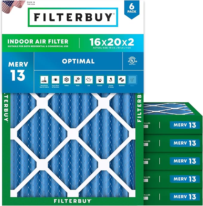 Filterbuy 16x20x2 Air Filter MERV 13 Optimal Smoke & Allergy Defense, by Filterbuy