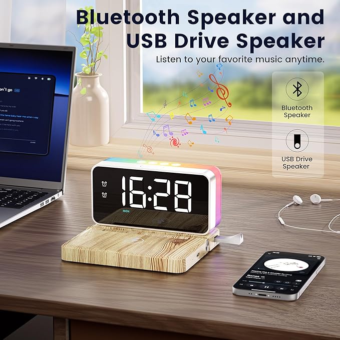 CHOUYONL Alarm Clocks for Bedrooms with Wireless Charger Station, Bluetooth Speaker, Woodgrain, White Noise Sound Machines, RGB Night Lights, Ideal Gift for Adult Man Women Teen Girls Boys