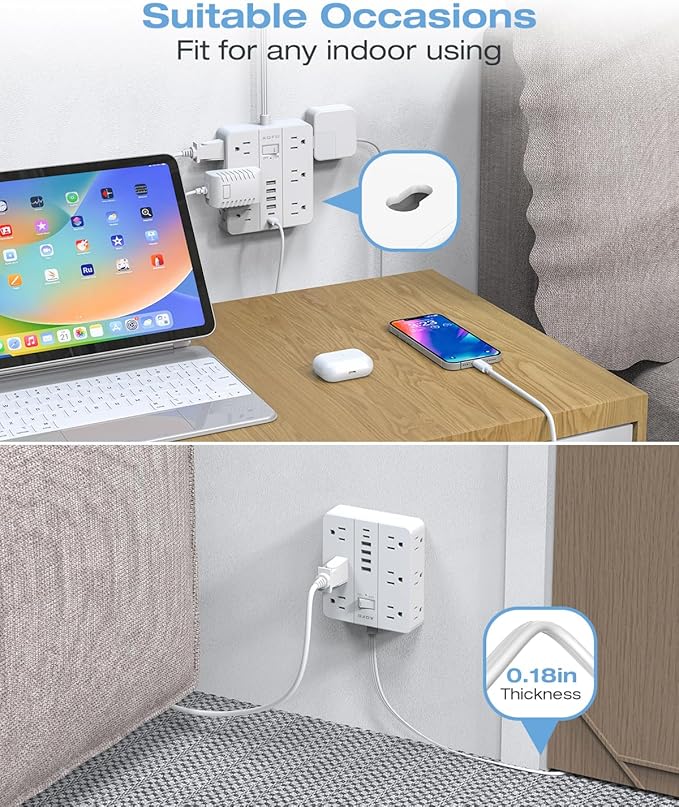 AOFO 15FT Surge Protector Power Strip,12 AC Outlets with 6 USB Ports (2 USB-C), Flat Plug Extension Cord with Multiple Outlets, Wall Mount for Home Office,Dorm, White