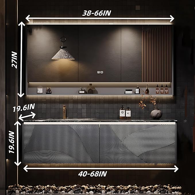 Bathroom Floating Vanity - Smart Defogging LED Lamp & Bathroom Vanities with Tops | Innovative Door Panel Design & Motion Sensor Light, Concealed Handle (B, 56IN)