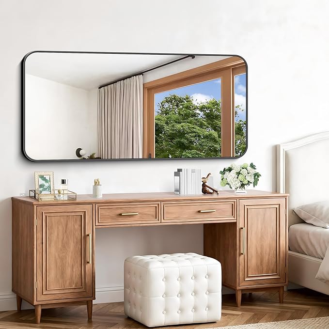 Black Bathroom Mirror, 66x30 inch Aluminum Metal Frame Rectangular Vanity Mirror, Large Wall Mounted Rectangle Mirrors with Rounded Corner for Over Sink Bedroom Living Room Horizontal/Vertical