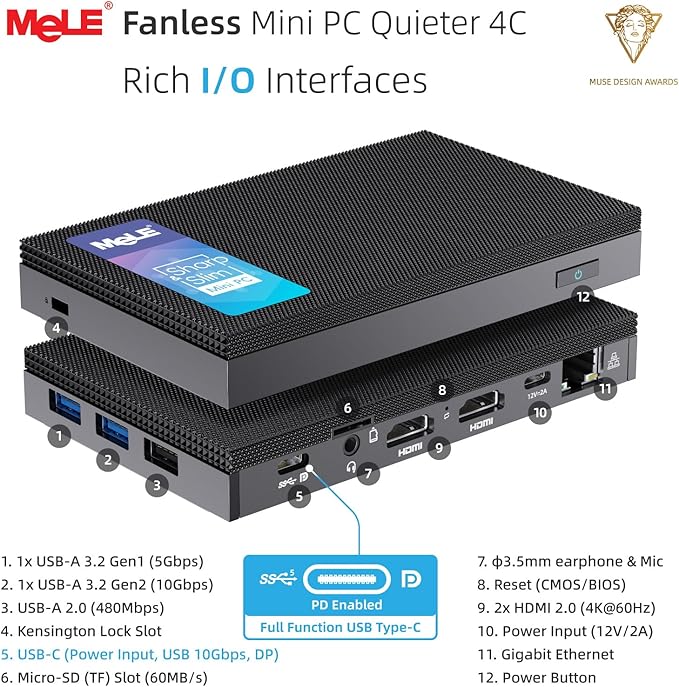MeLE Mini PC Quieter 4C - 12th Gen N100, Fanless PC, 8GB Memory, 128GB Storage, 2.4/5G Wi-Fi, Full-Functional USB-C, 4K Triple Display Desktop on Home, Office, Education, Astrophotography