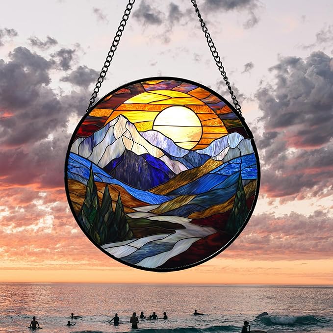 AMDERVEN Stained Glass Window Hanging, Yellow Blue Sunset Mountains Scenery Sun Catcher for Window Home Decor Landscape Suncatcher Mother's Day Birthday Gifts for Women Men Mom and Nana 15 in