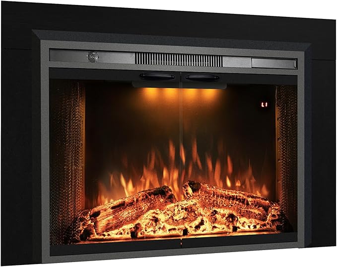 Velaychimny 45" W x 25" H Electric Fireplace Insert with Metal Trim Kit, Adjustable Flame, Fire Crackling Sound, Top Light Colors, Timer, Glass Door & Mesh Screen, Black