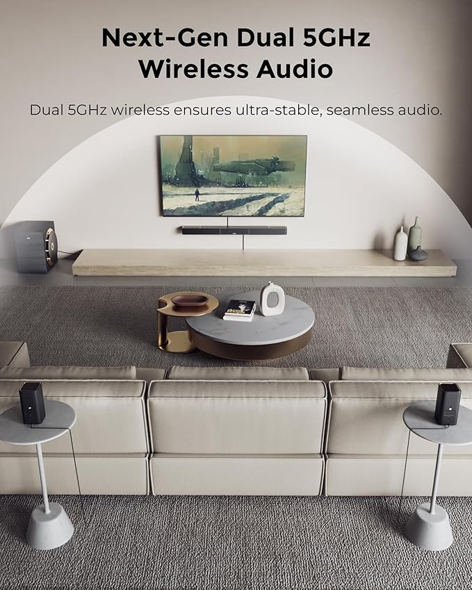 ULTIMEA Skywave X70 7.1.4ch Professional Wireless Surround Sound System for TV w/Dolby Atmos, 980W Sound Bar with 10" Wireless Subwoofer, 20Hz Low Frequency, GaN Amplifier, 4K HDR Pass-Through