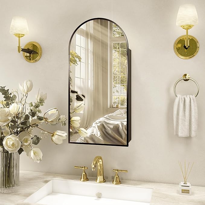 Arched Medicine Cabinet with Mirror,Vanity Mirror with Storage,Wall Mounted Medicine Cabinet with Adjustable Shelves, Reversible Door & HD Mirror,15.7x29.5 inch,Not Recessed,Black