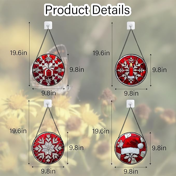DASTOLL Stained Glass Window Hanging 4 Pcs Set Red Christmas Decorations Theme 9.8" - Suncatcher Door Garden Sun Catcher Decor Birthday for Mom Woman Nana Men Friend Wife