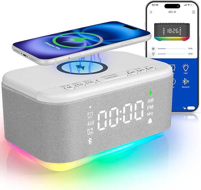 Bluetooth Alarm Clock Radio Bedroom, Digital Dual Alarm Clock Bedroom, Up to 10 Alarms Clock Night Light Speaker App/Button Control FM Charge Snooze Adjustable Brightness Dim 12/24H, Grey