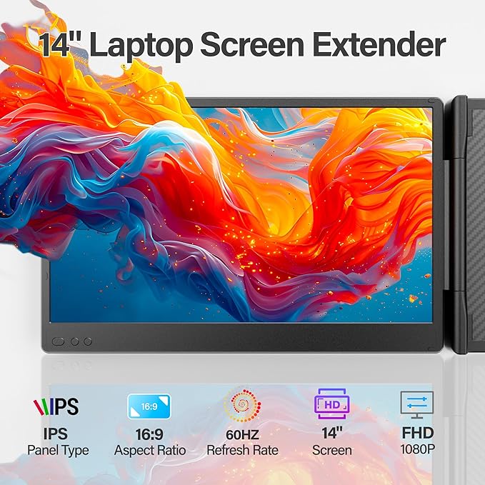 New Upgraded Laptop Screen Extender Portable Monitor, 1080P FHD IPS Screen, Monitor Extender for Laptop, Fit for 13-17" Laptops, Plug & Play Compatiable with Windows/Mac/Android/Switch (14 inch)
