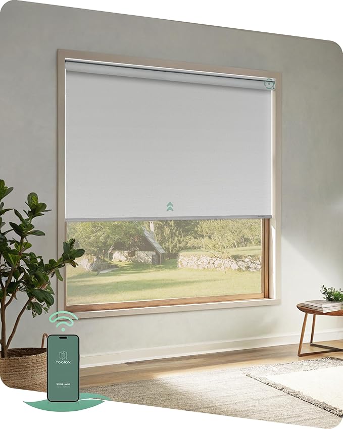 Yoolax Motorized Blinds App Control, Blackout Roller Shades for Windows, Cordless Automatic Shades Roller Window Blinds for Bedroom Living Room Office (Blackout Alpine White, 27" W x 72" H)