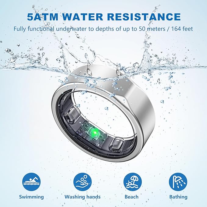SEEKZERO Smart Ring for Women Men, 5ATM Waterproof for iPhone and Android,No Subscription Fee (Brilliant Silver, Size 10)