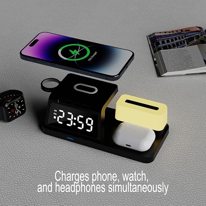 FJHBL Multi-Functional Wireless Charger with Clock -HT309(White), Alarm, Color-Switchable Night Light, 15W Wireless Charging, Compatible with Almost All Qi-Enabled Phones, Watches, and Earbuds.