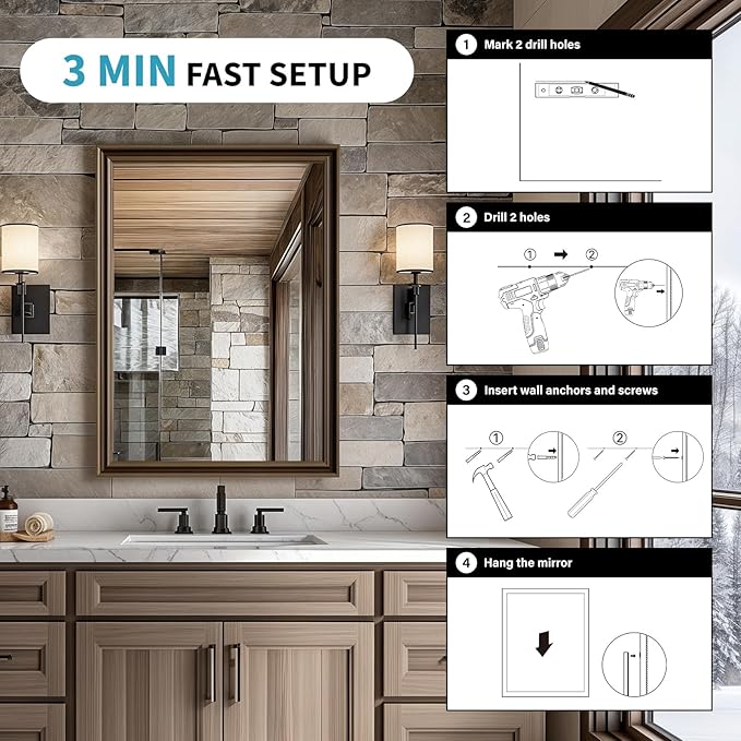 Retro Copper Effect Framed Wall Mirror, 22x30 Rectangle Mirror, Anti-desilvering Tempered Glass, Sustainable&Sturdy Frame, Anti-Rust, HD Reflection & 3min Fast Setup for Bathroom Living Room
