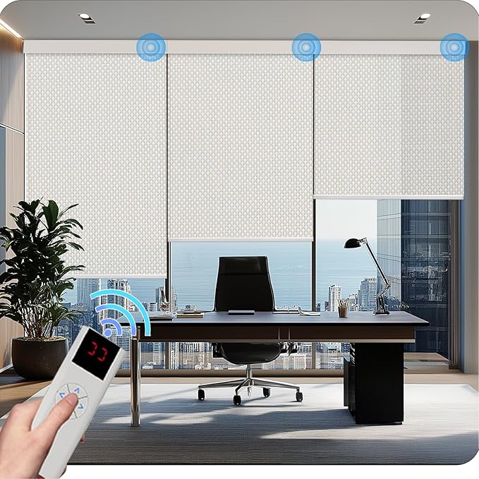 COOLWINDS Motorized Blinds with Remote Cordless Automatic Motorized Shades Custom Blinds for Windows Smart Curtains Compatible with Alexa Google Home(3% Solar Beige,W48 x H72in)