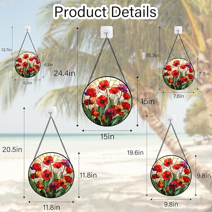 CRISGIF Stained Glass Window Hanging - Poppy Birth Flowers Suncatcher for Door Garden Yard Wildflowers Sun Catchers Decor Christmas Mother's Day Birthday Gifts for Women Mom Nana Friend 11.8 in