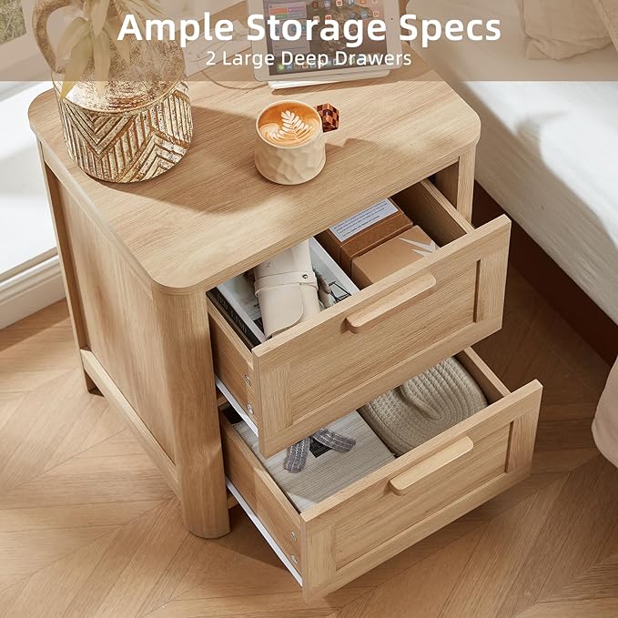 Joaxswe Farmhouse Nightstand with Charging Station, End Tables Bedroom with 2 Large Drawers & 4 Thickened Table Legs, Natural Wood