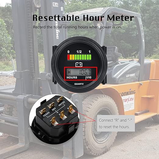 HonorMeet 12V/24V 36V 48V/72V Golf Cart Battery Meter,Lead Acid Battery Level Indicator,Charging Reminder,Resettable Hour Meter for Golf Cart Club Car Forklift Go-Kart Motorhome Electric Car Go-Kart.