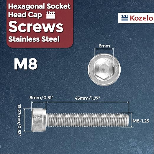 Kozelo 12pcs Socket Head Cap Screws - [M8-1.25 x 45mm] 304 Stainless Steel Allen Socket Drive for Electrical Motor 3D Printing Fan Engine Replacement Use, Silver